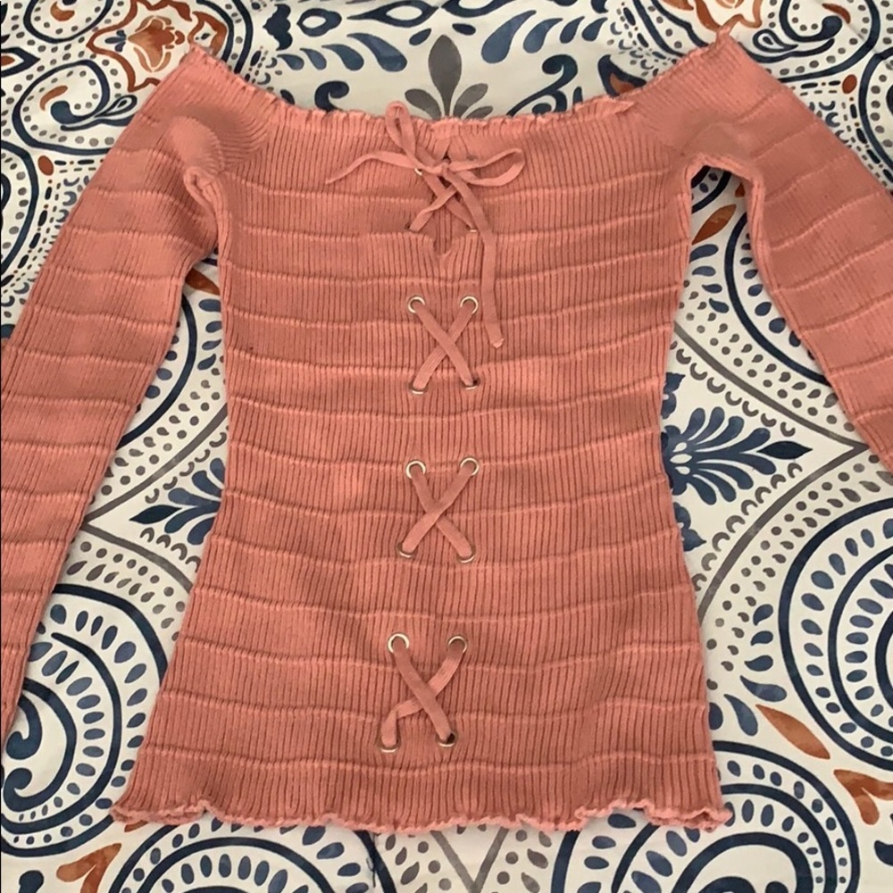 Long sleeve lace up detail off the shoulder top